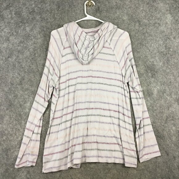 Torrid Top 2 2X Cowl Neck Slim Fit Semi Sheer Striped Beachy Hooded Long Sleeve - Picture 13 of 14